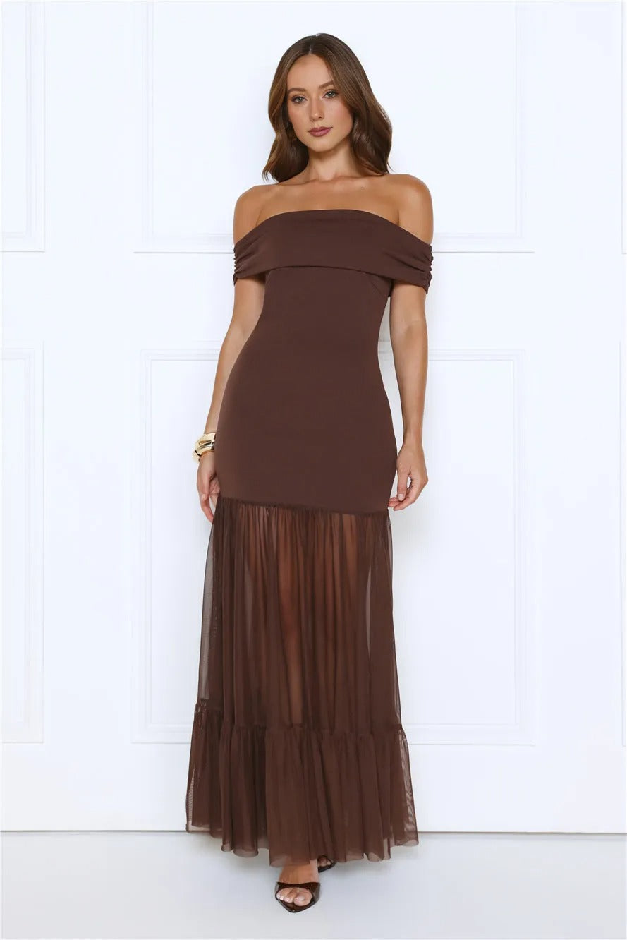 Women’s Brown Off-Shoulder Maxi Evening Dress – Elegant Formal Gown