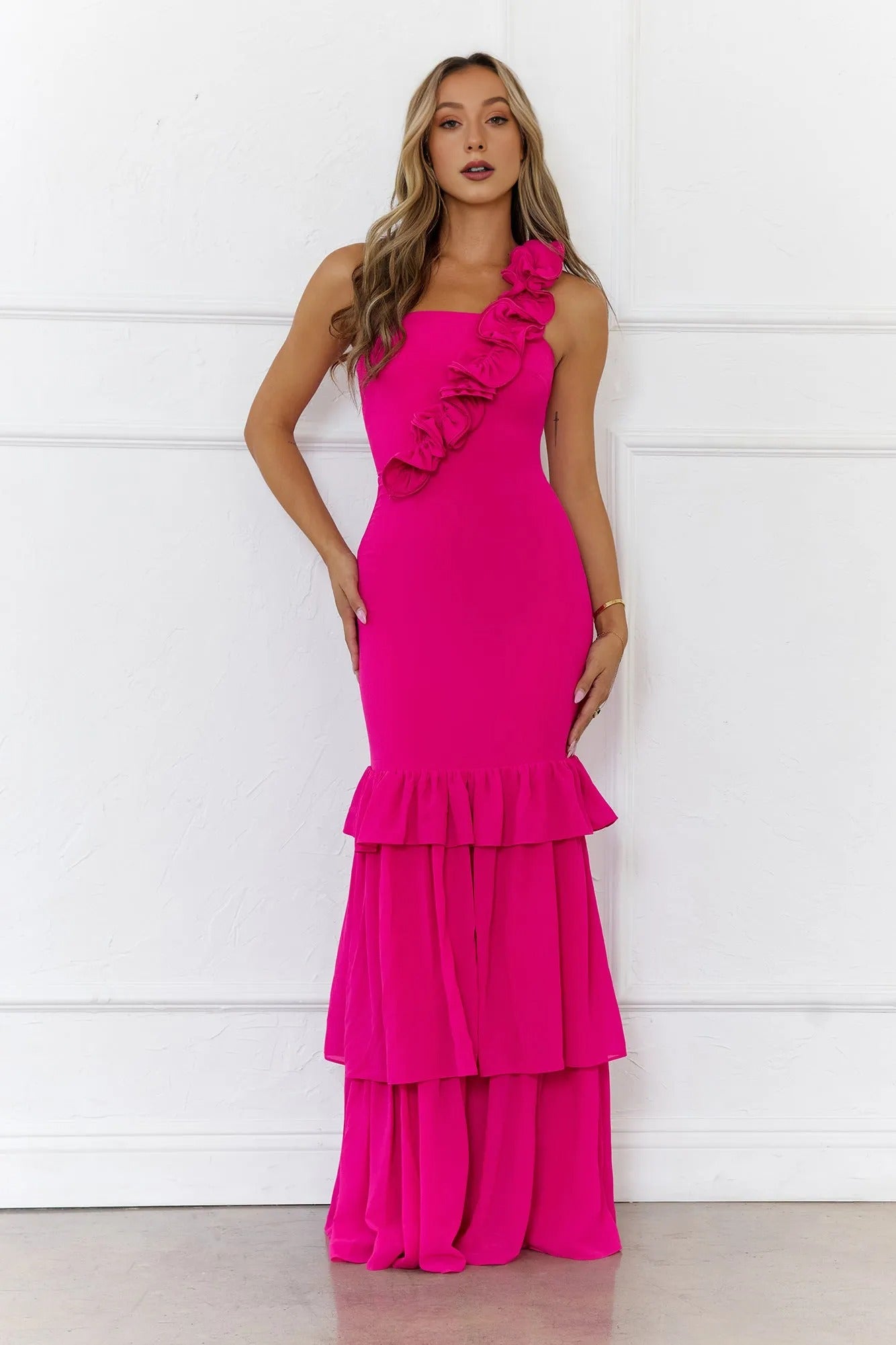 Women’s Pink One-Shoulder Maxi Evening Dress – Elegant Formal Gown