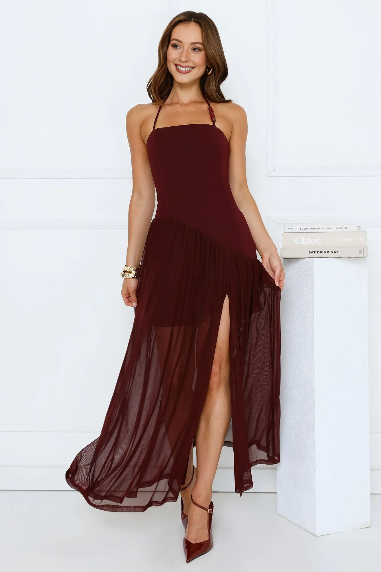 Women’s Burgundy Halter Maxi Evening Dress – Elegant Formal Gown