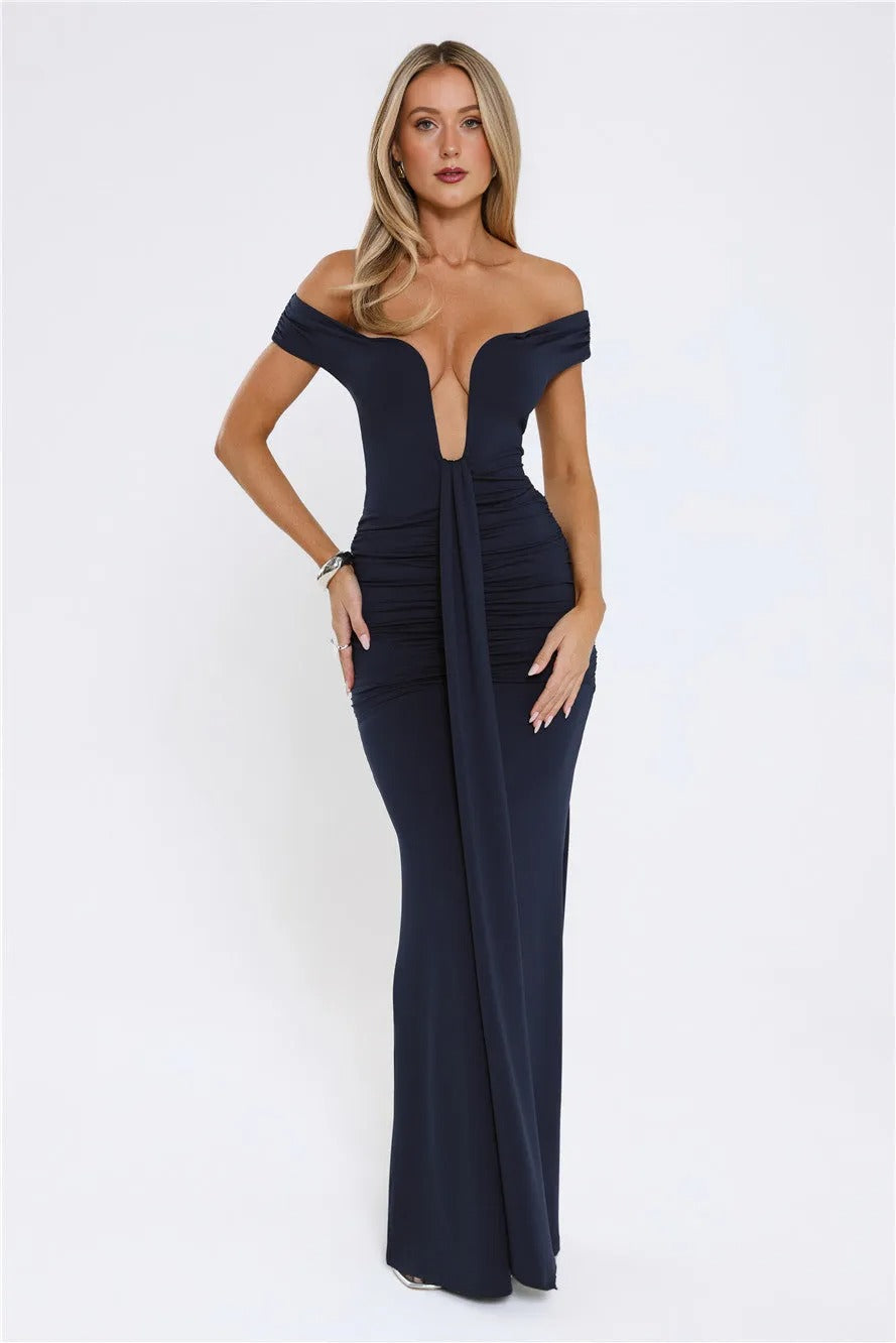 Women’s Navy Off-Shoulder Maxi Evening Dress – Elegant Formal Gown