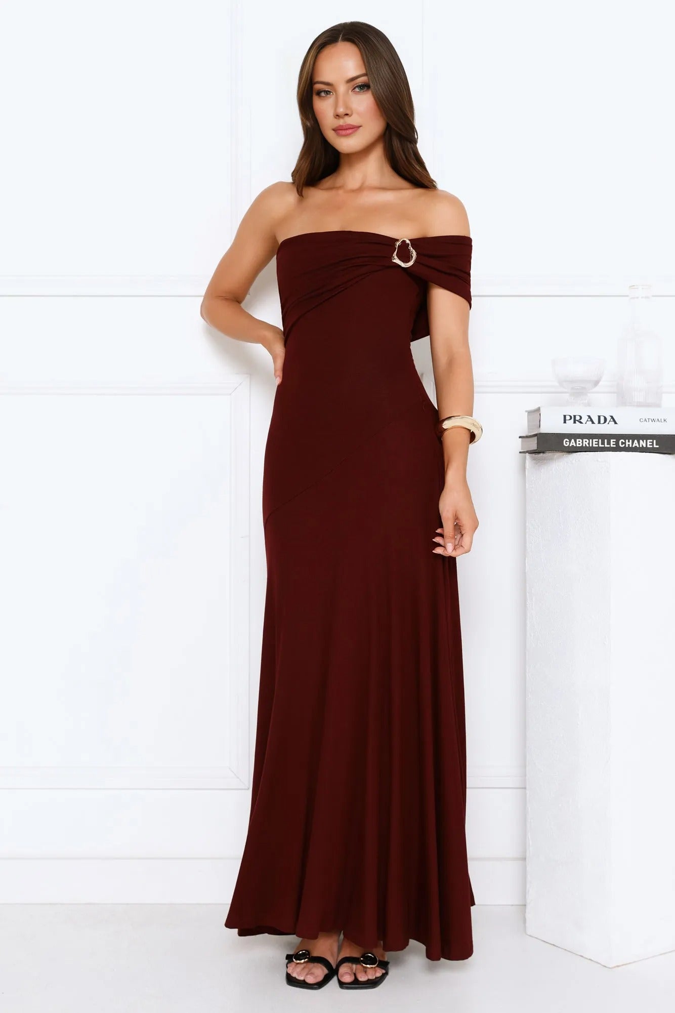 Dewdrop Daze One Shoulder Maxi Dress Burgundy
