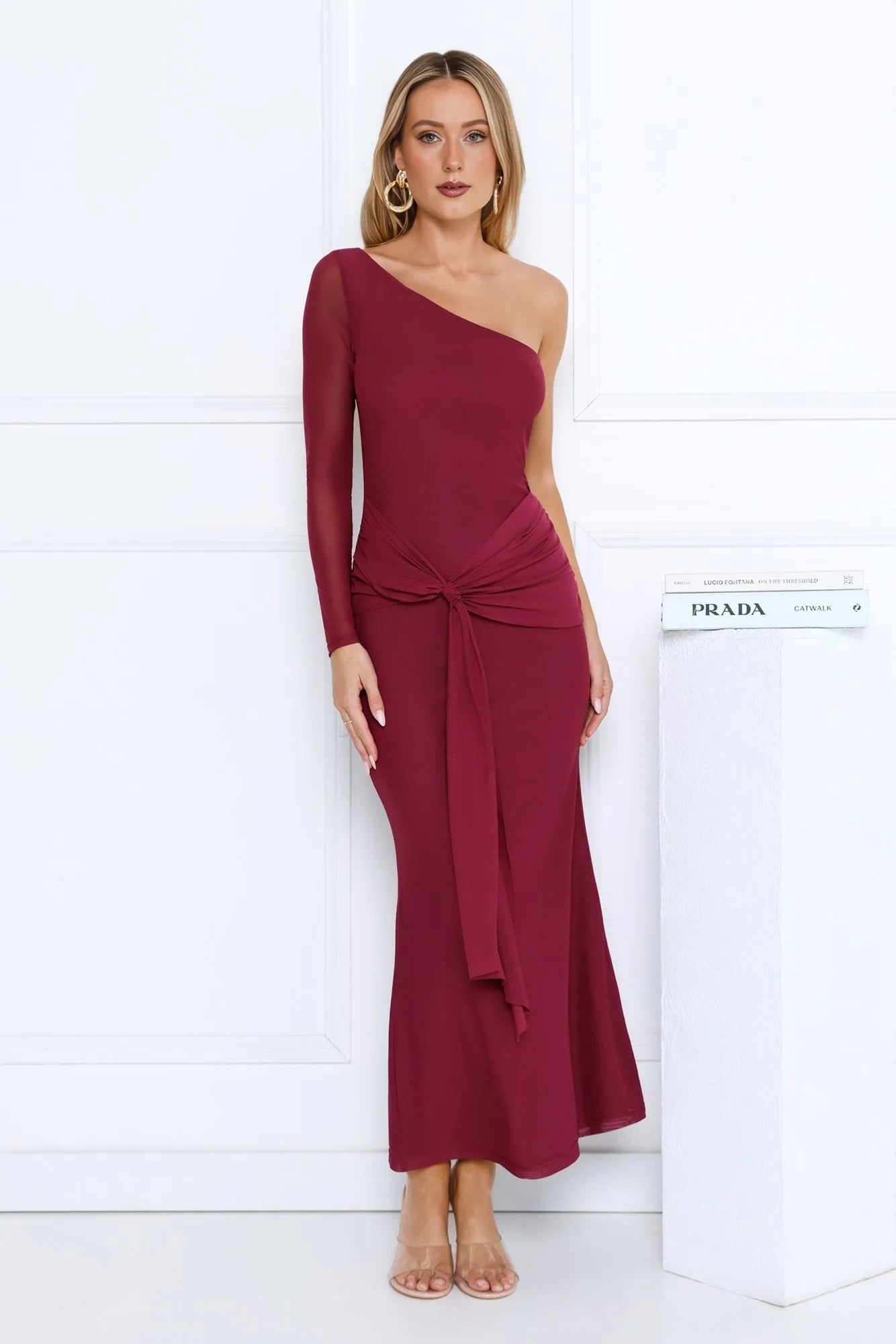 Women’s Plum One-Shoulder Mesh Maxi Evening Dress – Elegant Formal Gown
