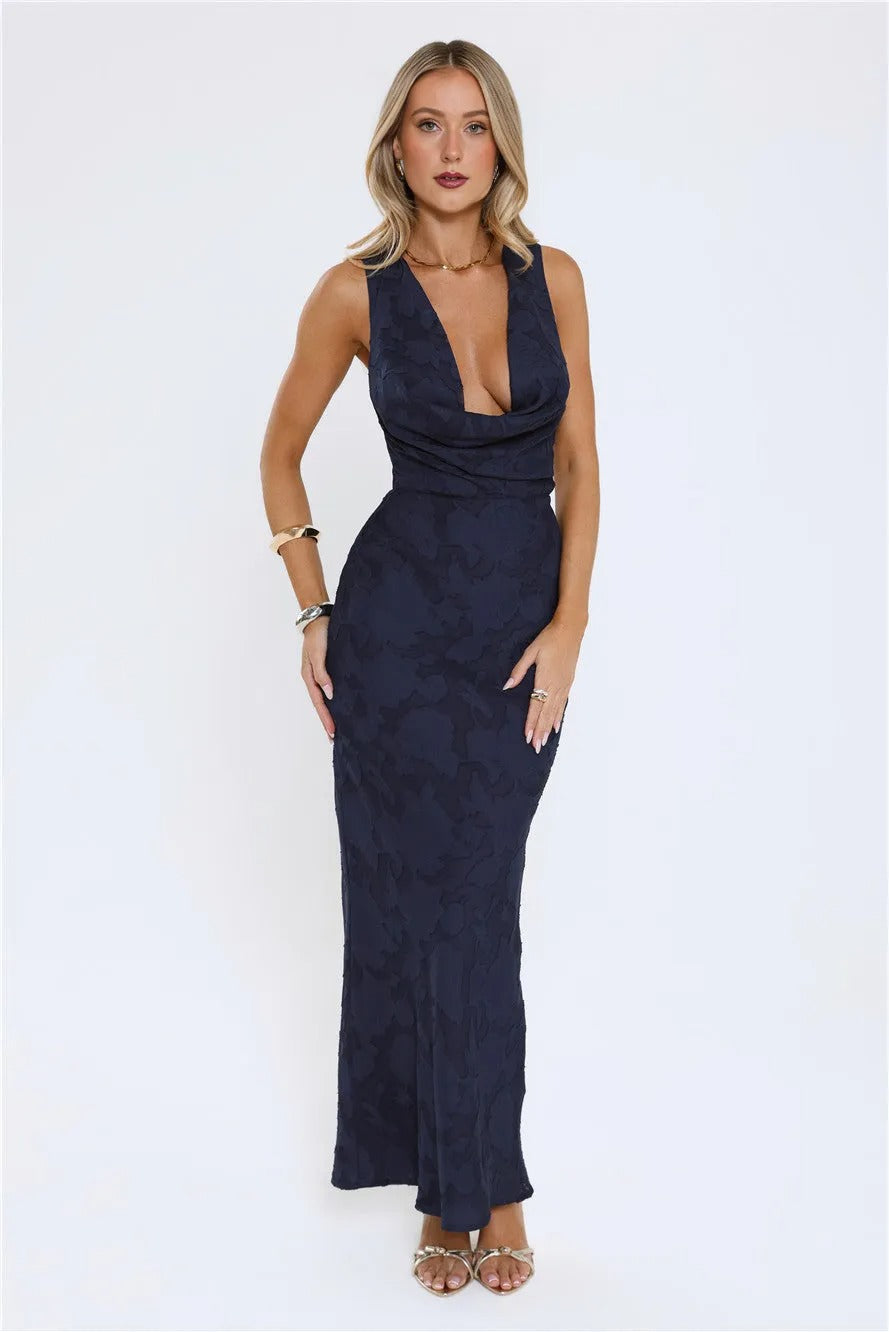 Women’s Navy Maxi Evening Dress – Elegant Sleeveless Formal Gown