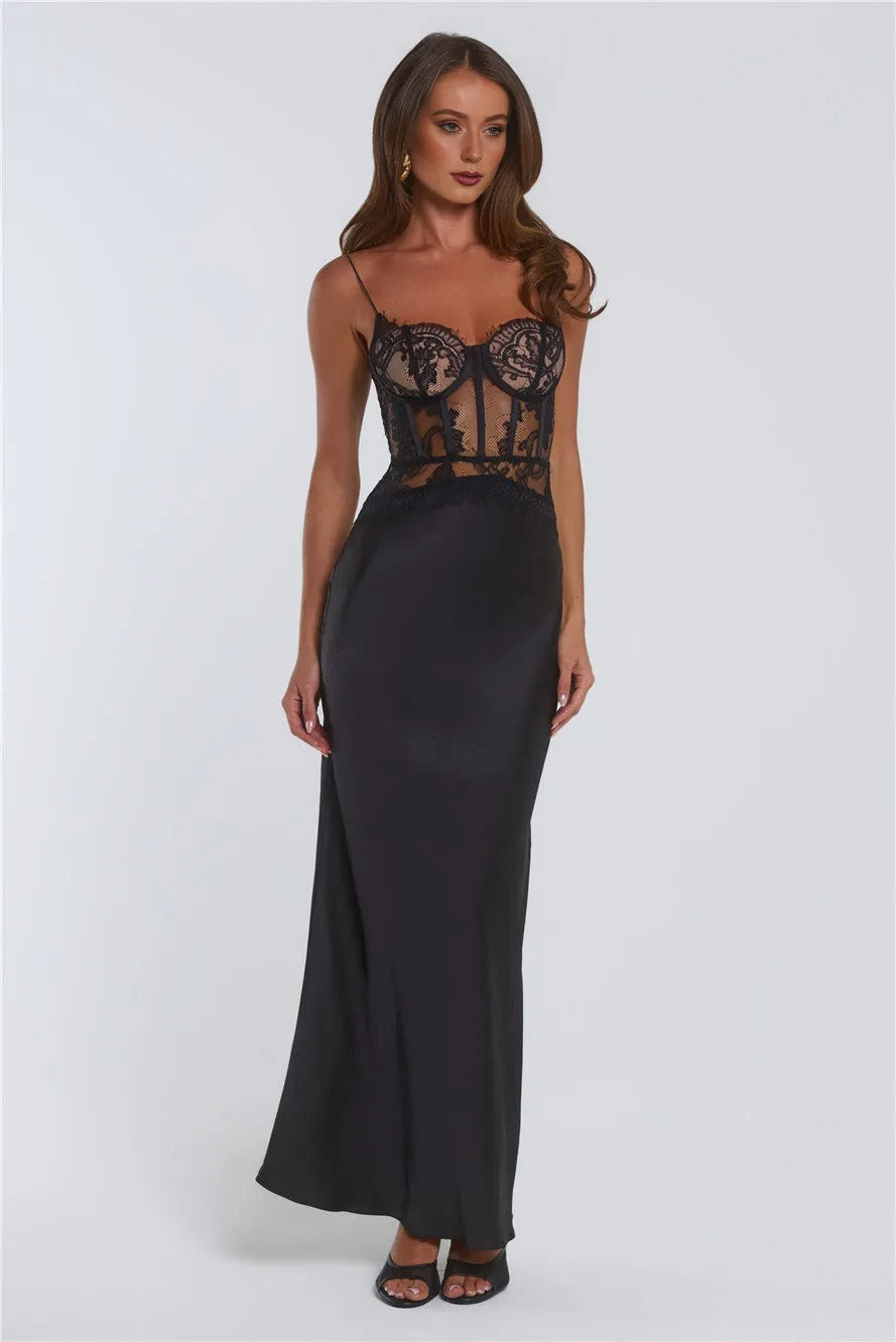 Women’s Black Satin Maxi Evening Dress – Elegant Sleeveless Formal Gown