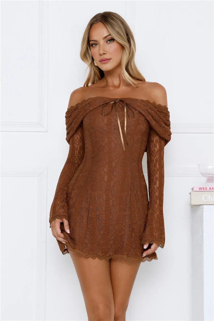 Secret Smile Lace Off Shoulder Mini Dress Brown
