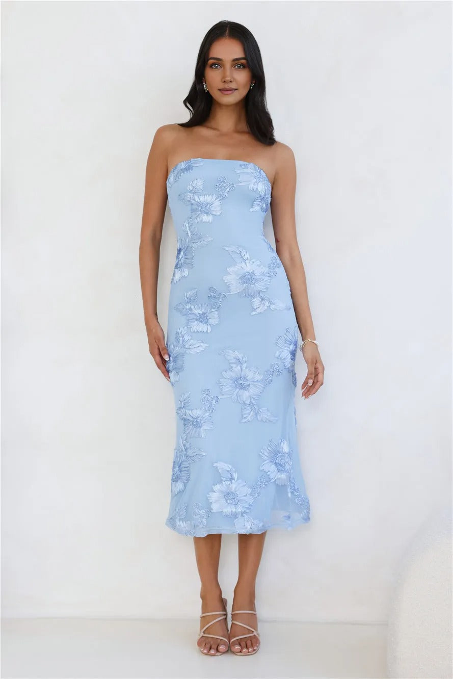 Seraphic Strapless Mesh Midi Dress Blue