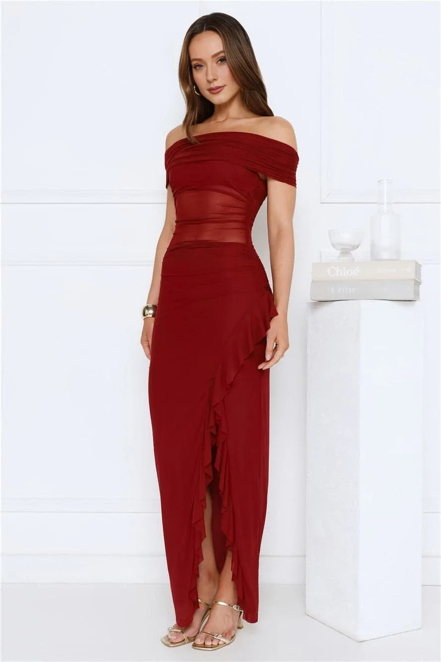 Women’s Off-Shoulder Mesh Maxi Dress – Burgundy Formal Evening Party Gown