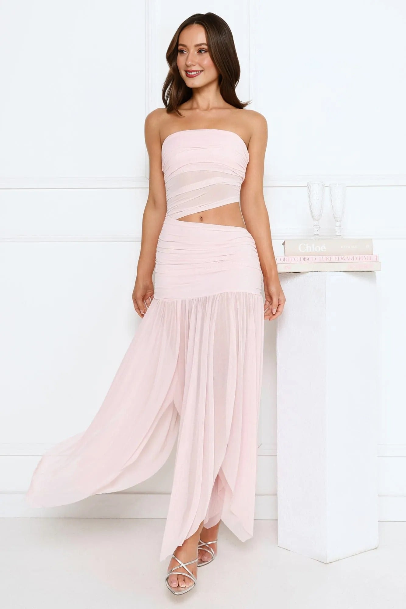 Women’s Strapless Maxi Dress Mesh Elegant Evening Pink