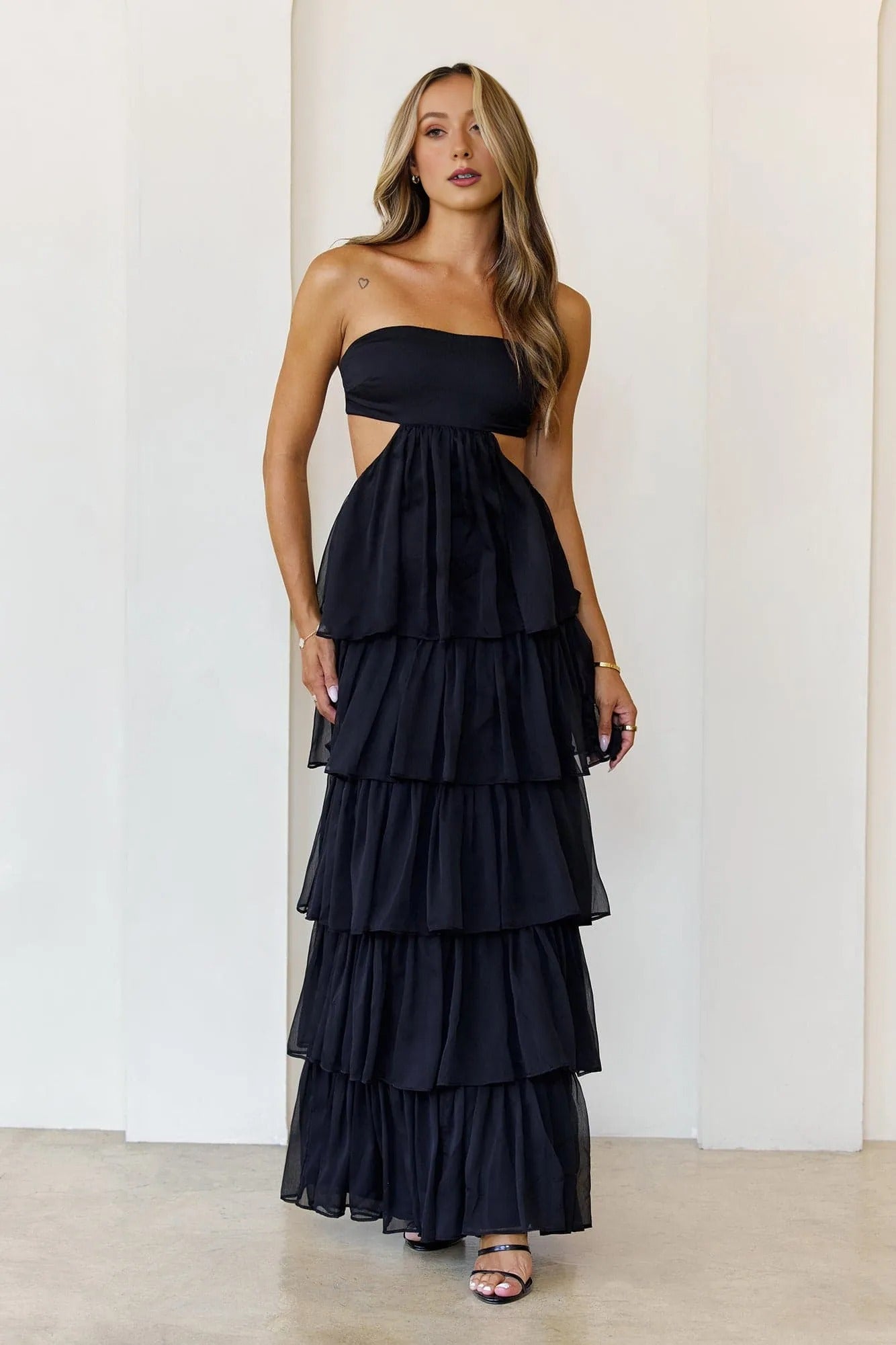 Women’s Strapless Maxi Dress Elegant Fit Satin Evening Black