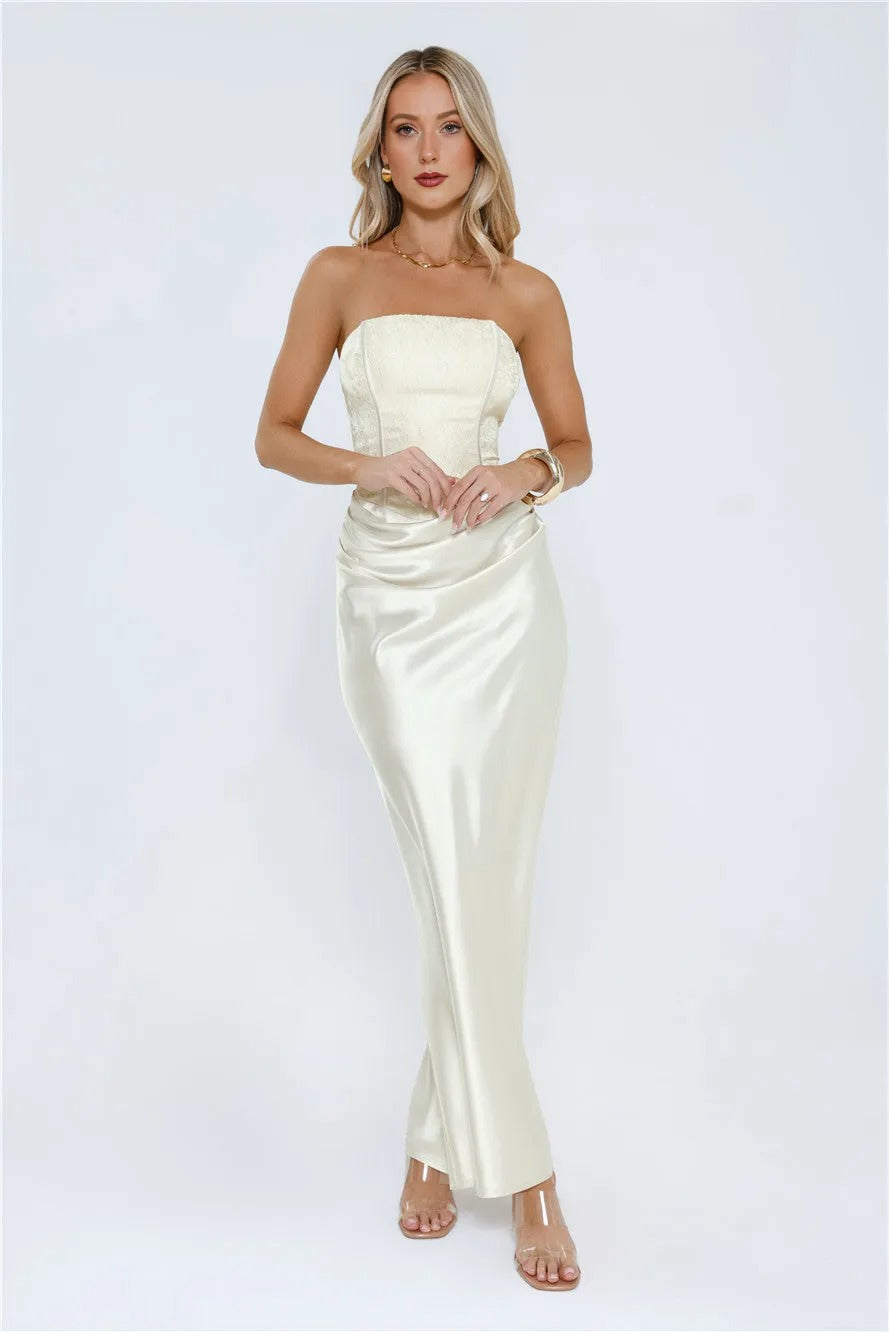 Women’s Strapless Satin Maxi Dress – Ivory Formal Evening Party Gown