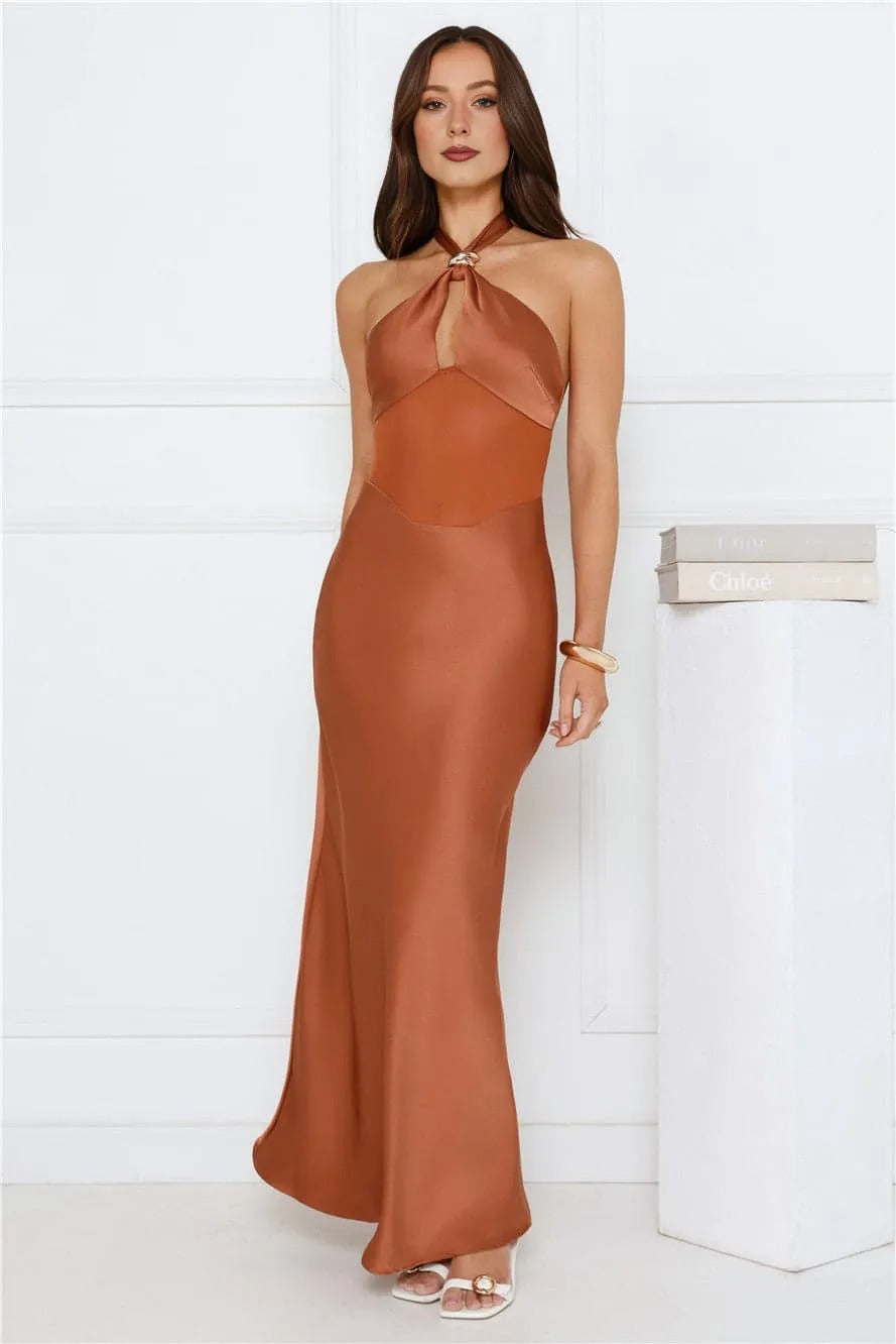 Women’s Halter Maxi Dress Satin Elegant Evening Mocha