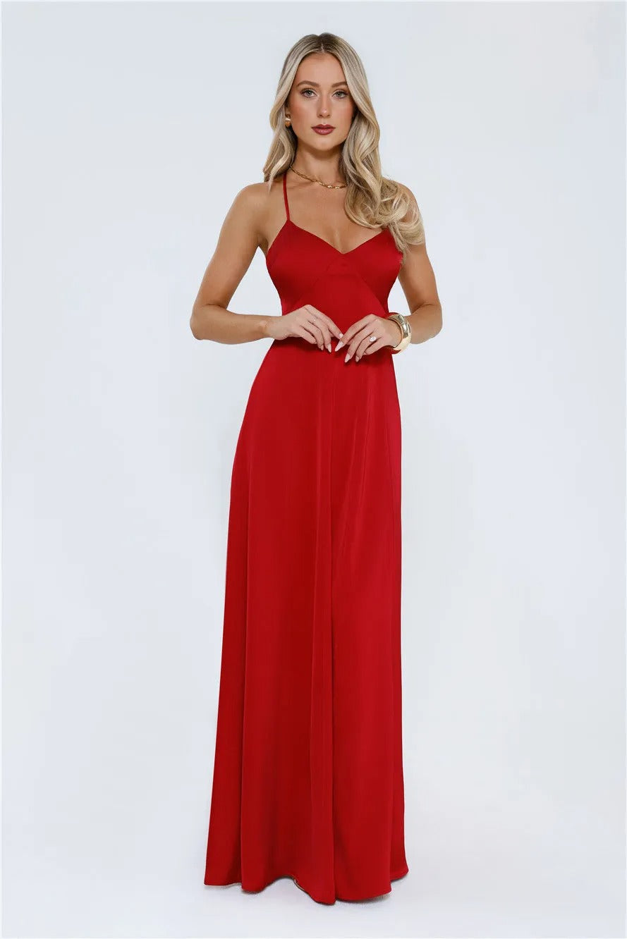 Women’s Satin Maxi Dress – Red Formal Evening Party Gown