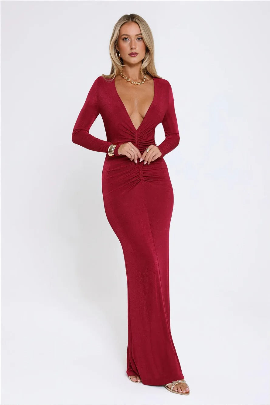 Women’s Berry Long Sleeve Maxi Evening Dress – Elegant Formal Gown