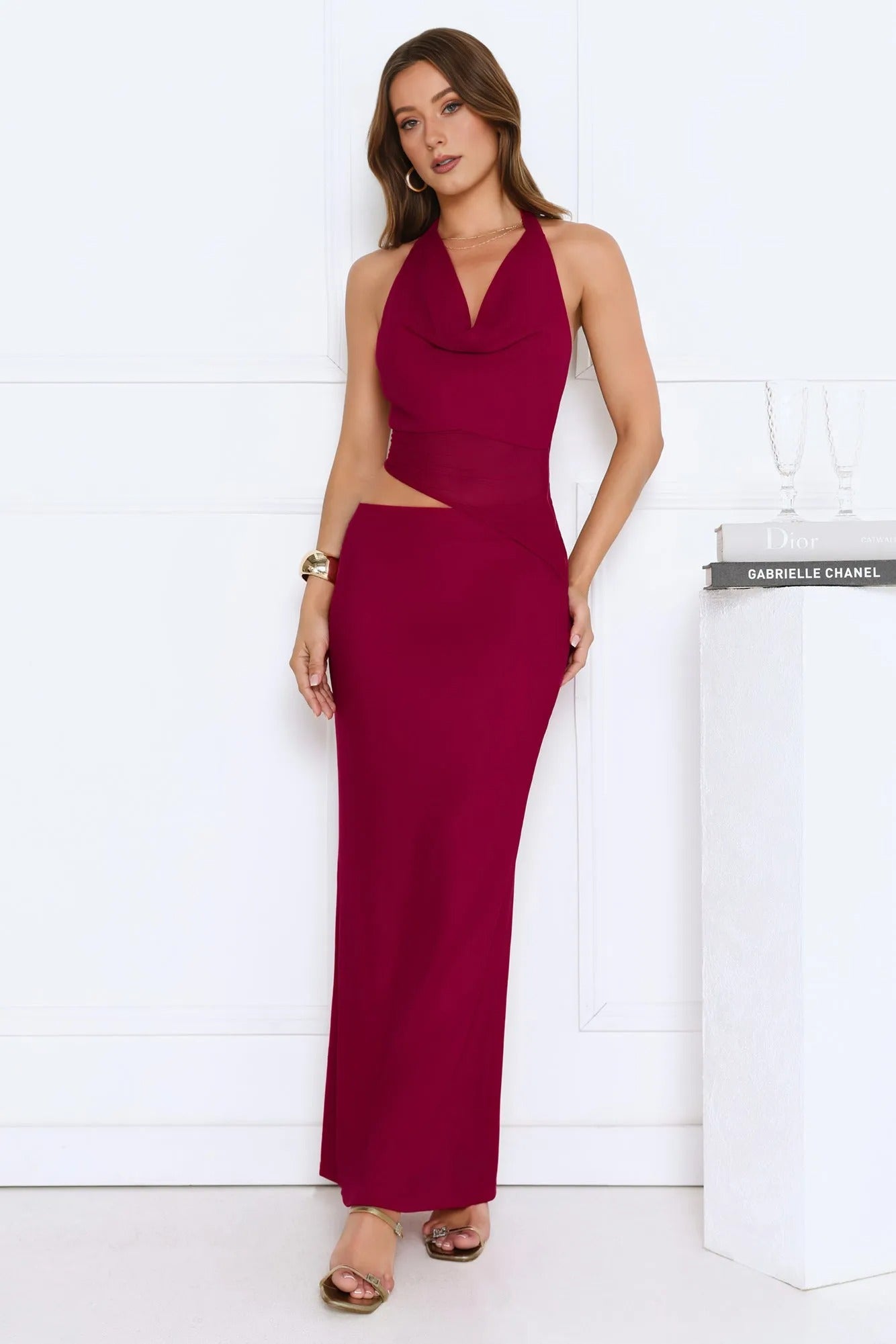 Women’s Red Halter Maxi Evening Dress – Elegant Formal Gown