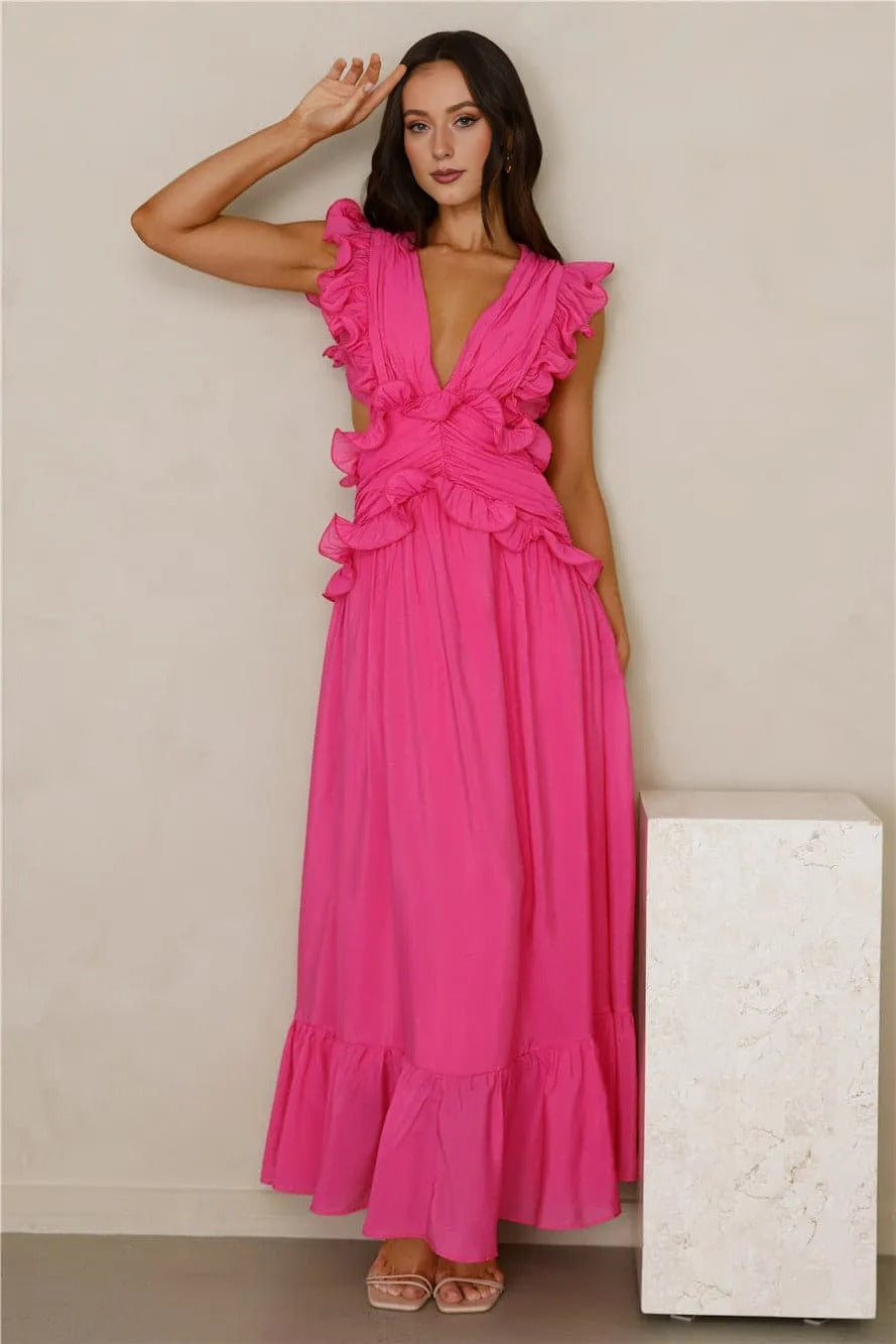 Women’s Maxi Dress Elegant Fit Satin Evening Pink