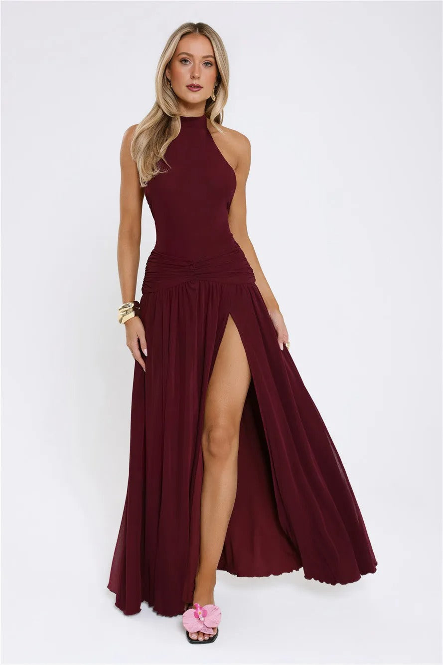 Women’s Plum Halter Maxi Evening Dress – Elegant Formal Gown