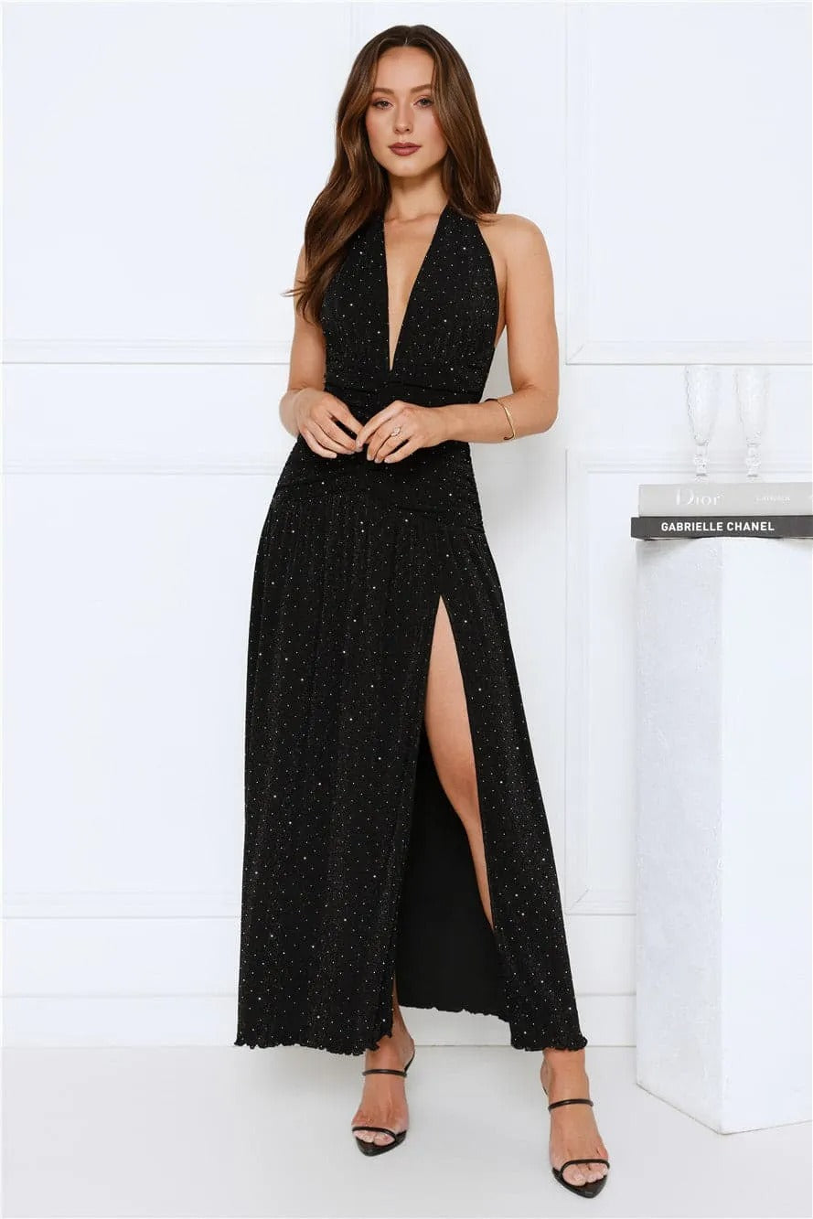Women’s Halter Maxi Dress Elegant Fit Satin Evening Black