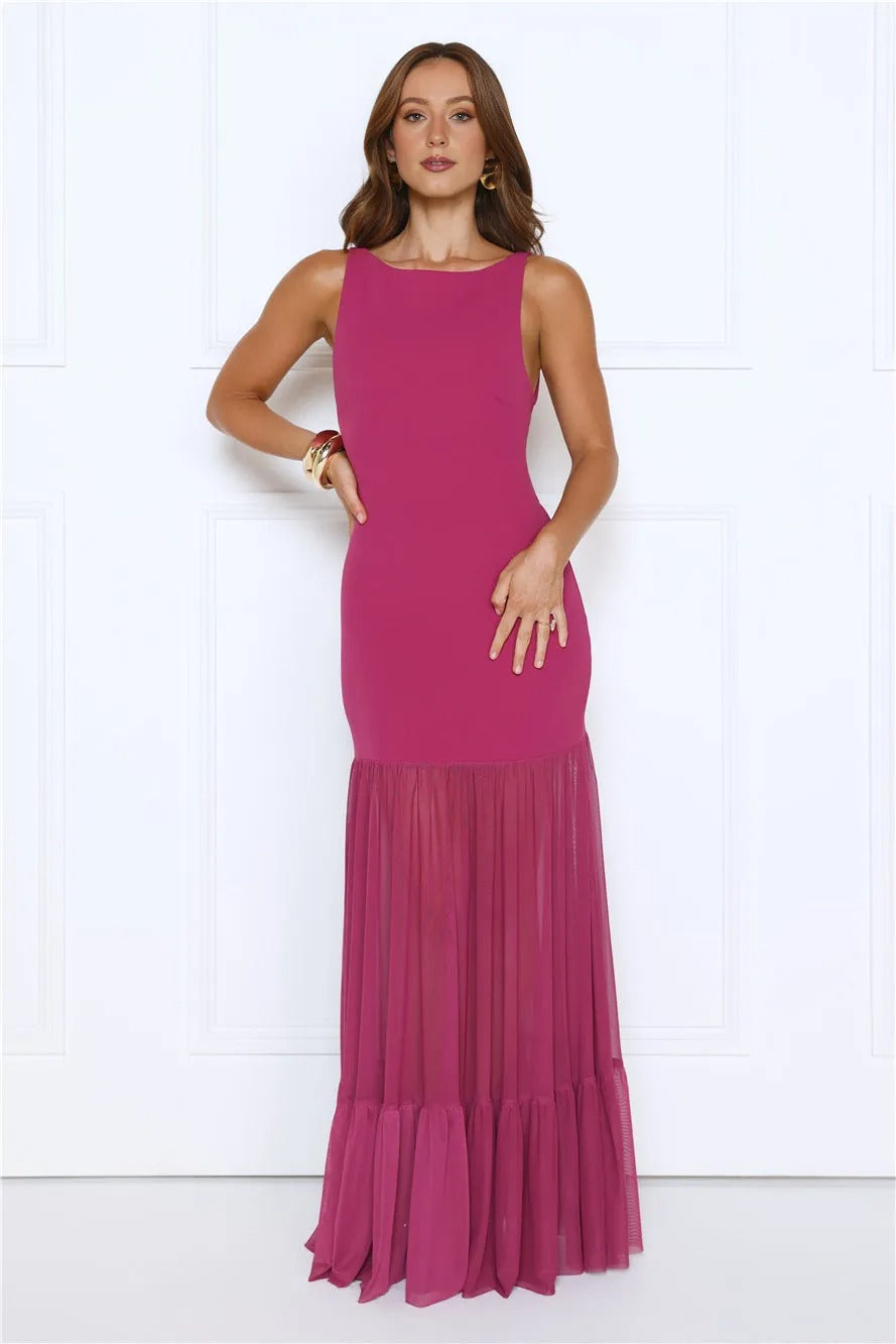 Women’s Plum Maxi Evening Dress – Elegant Sleeveless Formal Gown