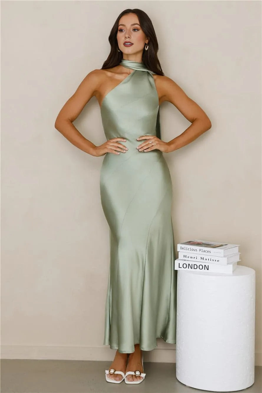 Women’s Satin Maxi Dress Elegant Fit Evening Sage
