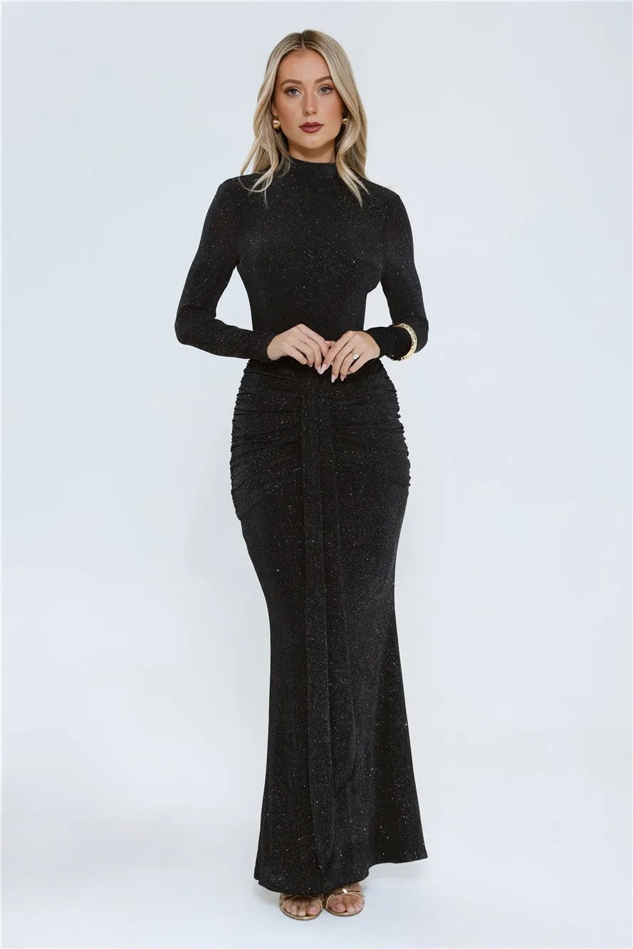 Women’s Black Long Sleeve Maxi Evening Dress – Elegant Formal Gown