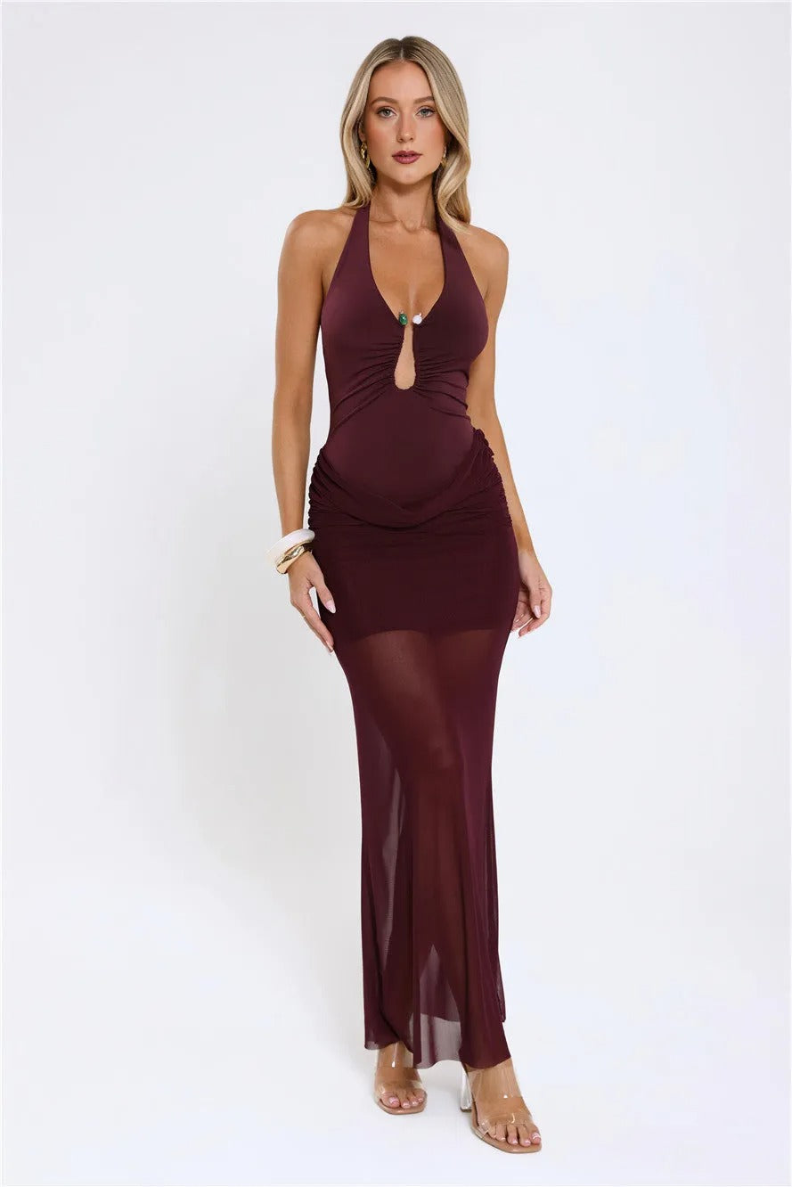 Women’s Plum Halter Maxi Evening Dress – Elegant Formal Gown
