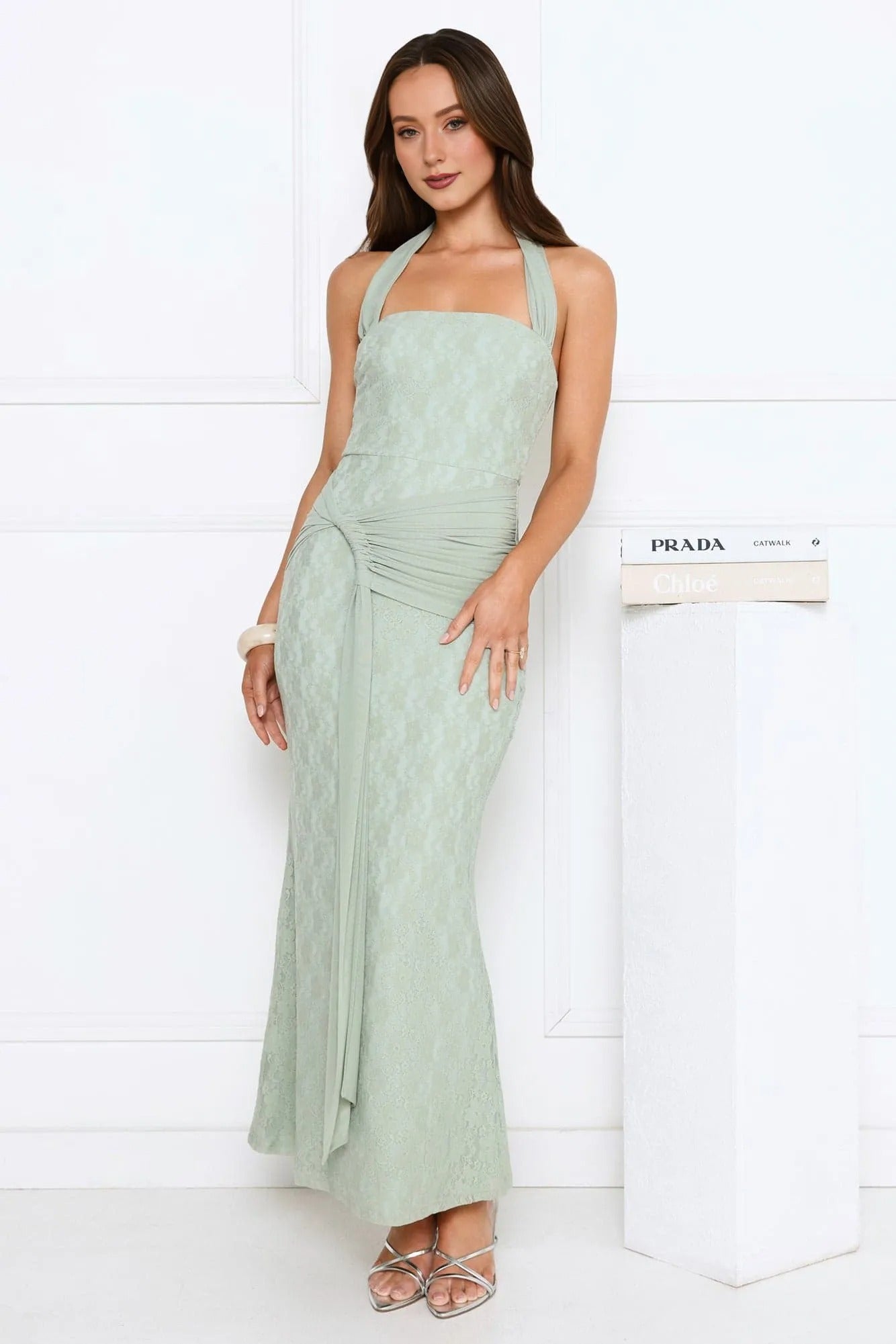 Women’s Halter Maxi Dress Elegant Fit Satin Evening Green