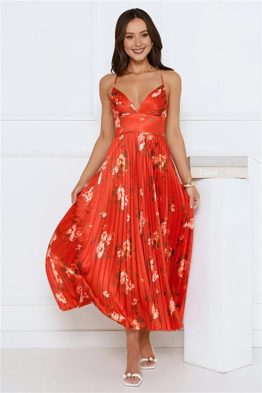 Women’s Satin Maxi Dress – Printed Formal Evening Party Gown