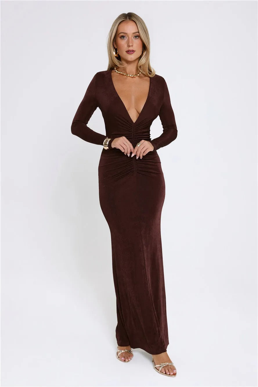 Women’s Brown Long Sleeve Maxi Evening Dress – Elegant Formal Gown