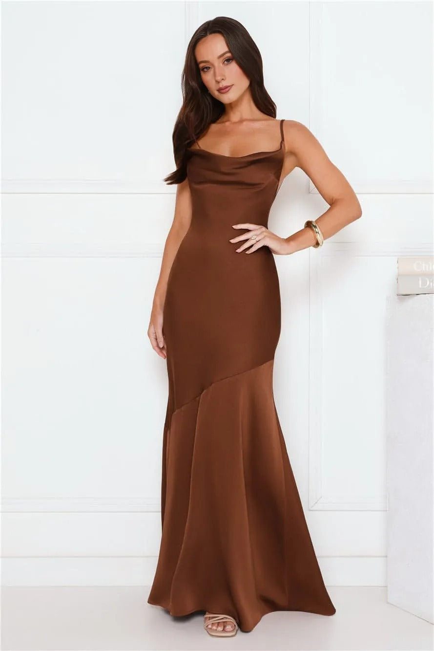 Women’s Satin Maxi Dress – Brown Formal Evening Party Gown