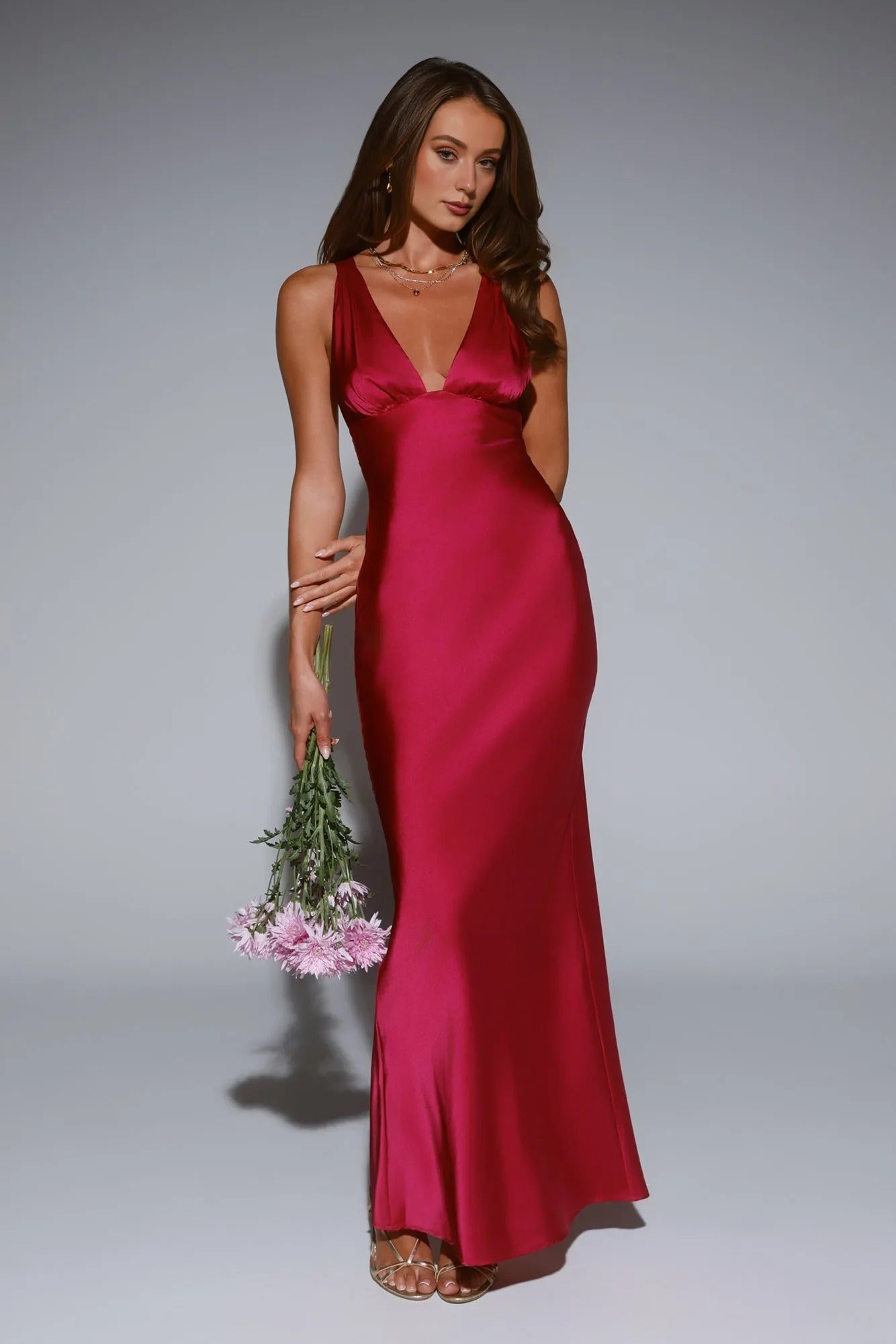Women’s Berry Satin Maxi Evening Dress – Elegant Formal Gown