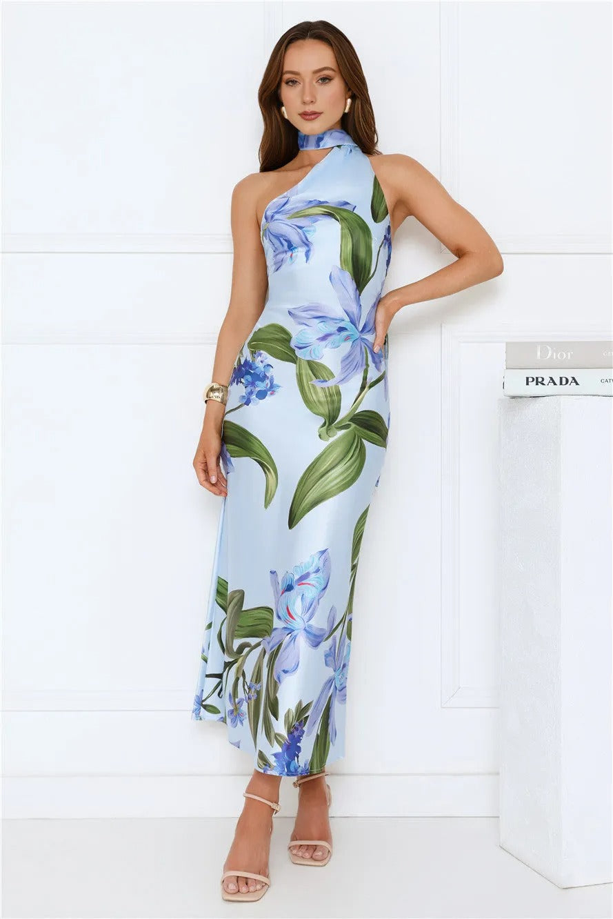 Women’s Satin Maxi Dress – Blue Formal Evening Party Gown