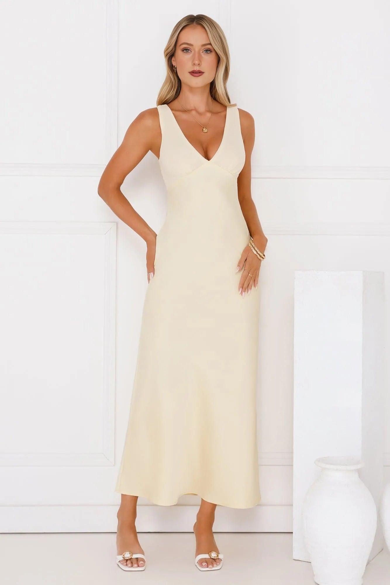 Women’s Satin Maxi Dress – Yellow Formal Evening Party Gown