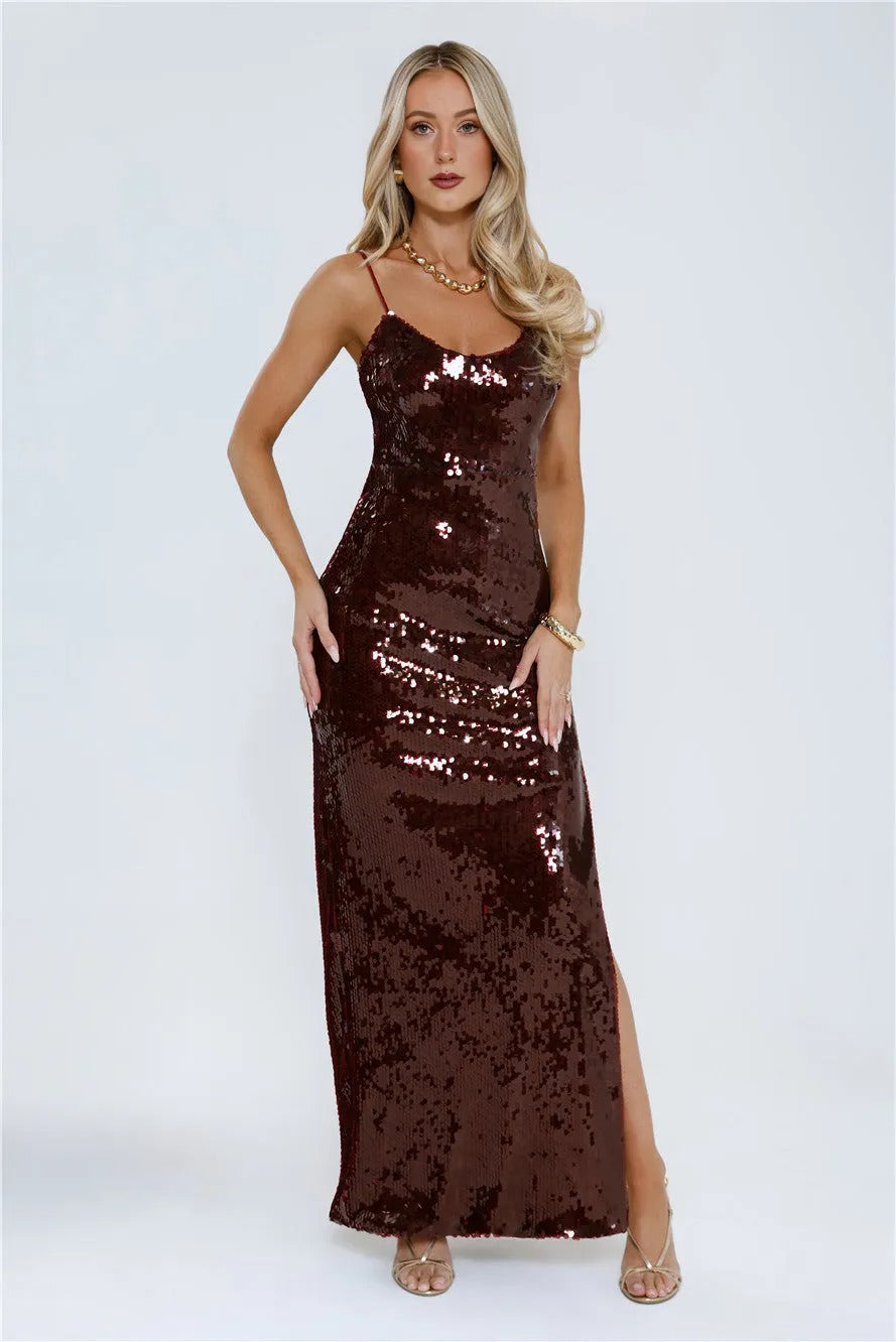 Women’s Sequin Midi Dress – Wine Formal Evening Party Gown