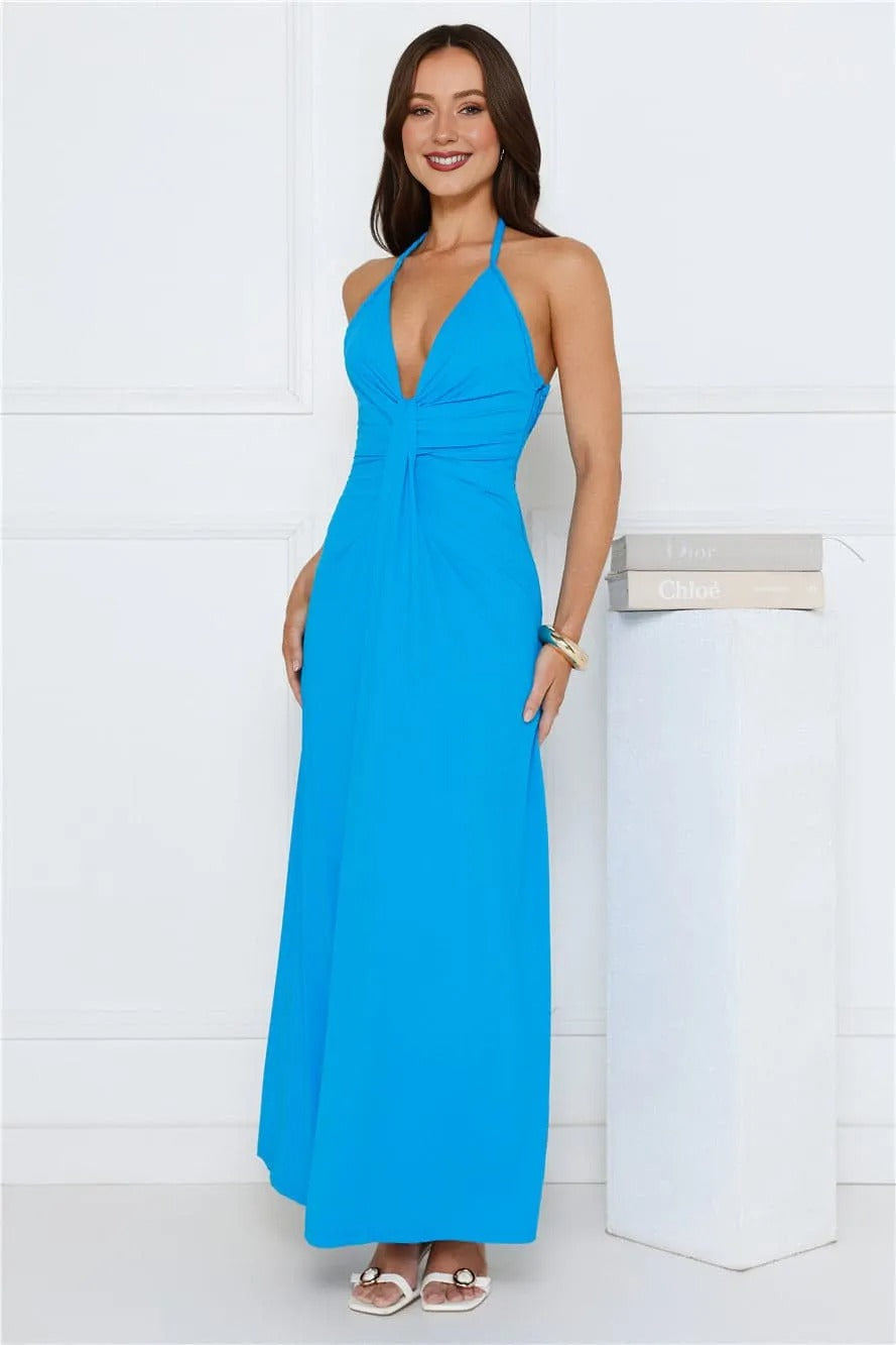 Women’s Halter Maxi Dress Elegant Fit Satin Evening Blue