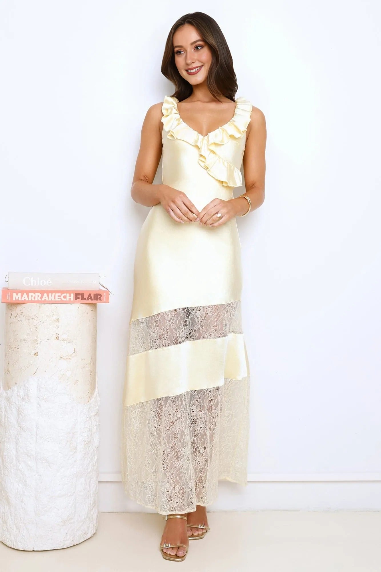 Women’s Lace Satin Maxi Dress Elegant Evening Yellow