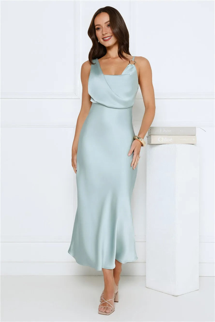 Women’s Satin Maxi Dress – Sage Formal Evening Party Gown