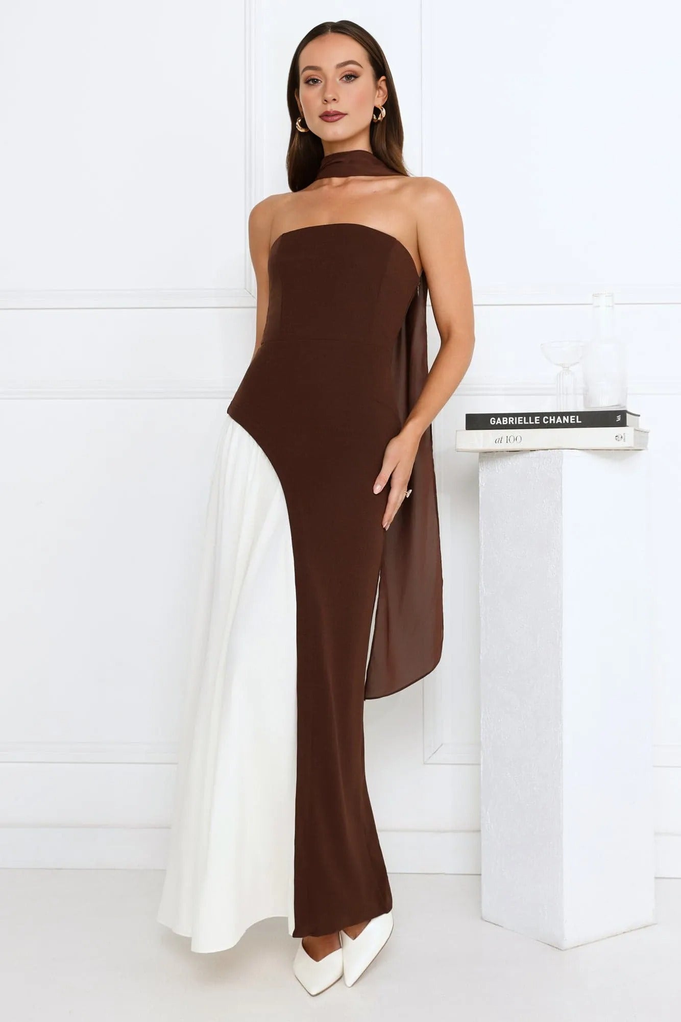 Women’s Strapless Maxi Dress – Brown Formal Evening Party Gown