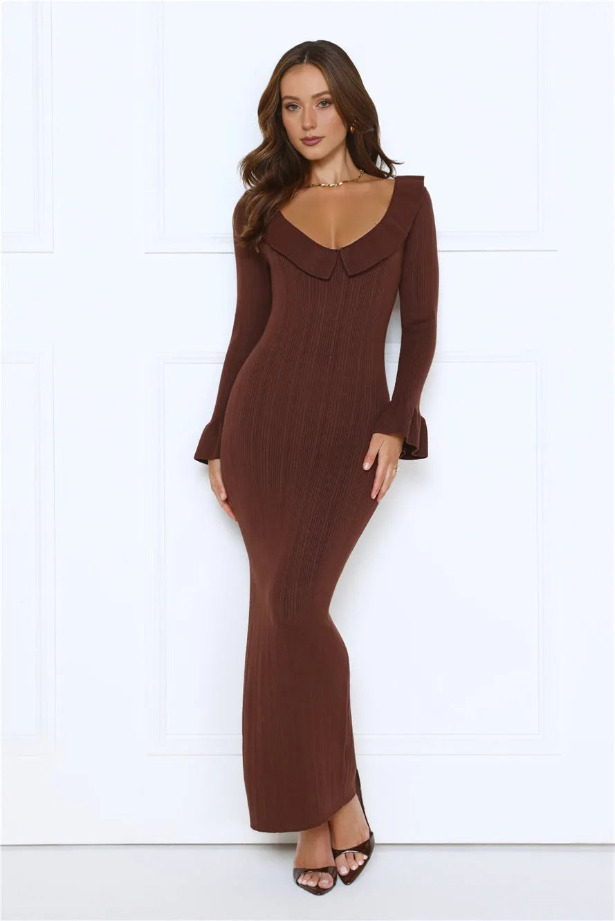 Women’s Brown Maxi Evening Dress – Elegant Sleeveless Formal Gown