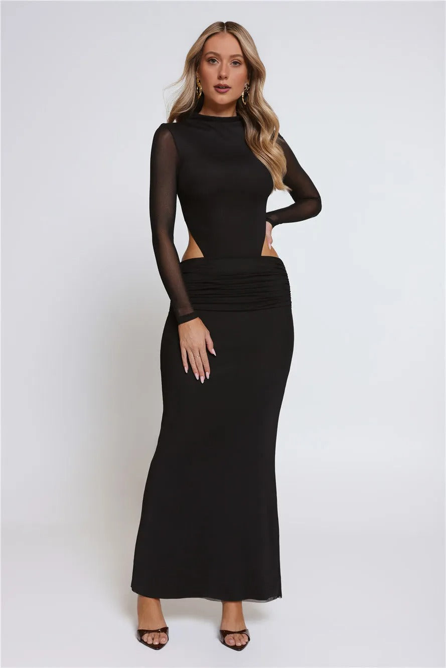 Women’s Black Long Sleeve Maxi Evening Dress – Elegant Formal Gown