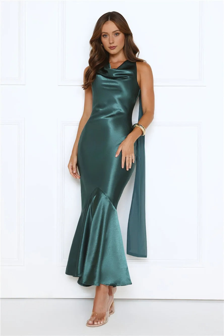 Women’s Teal Satin Maxi Evening Dress – Elegant Formal Gown