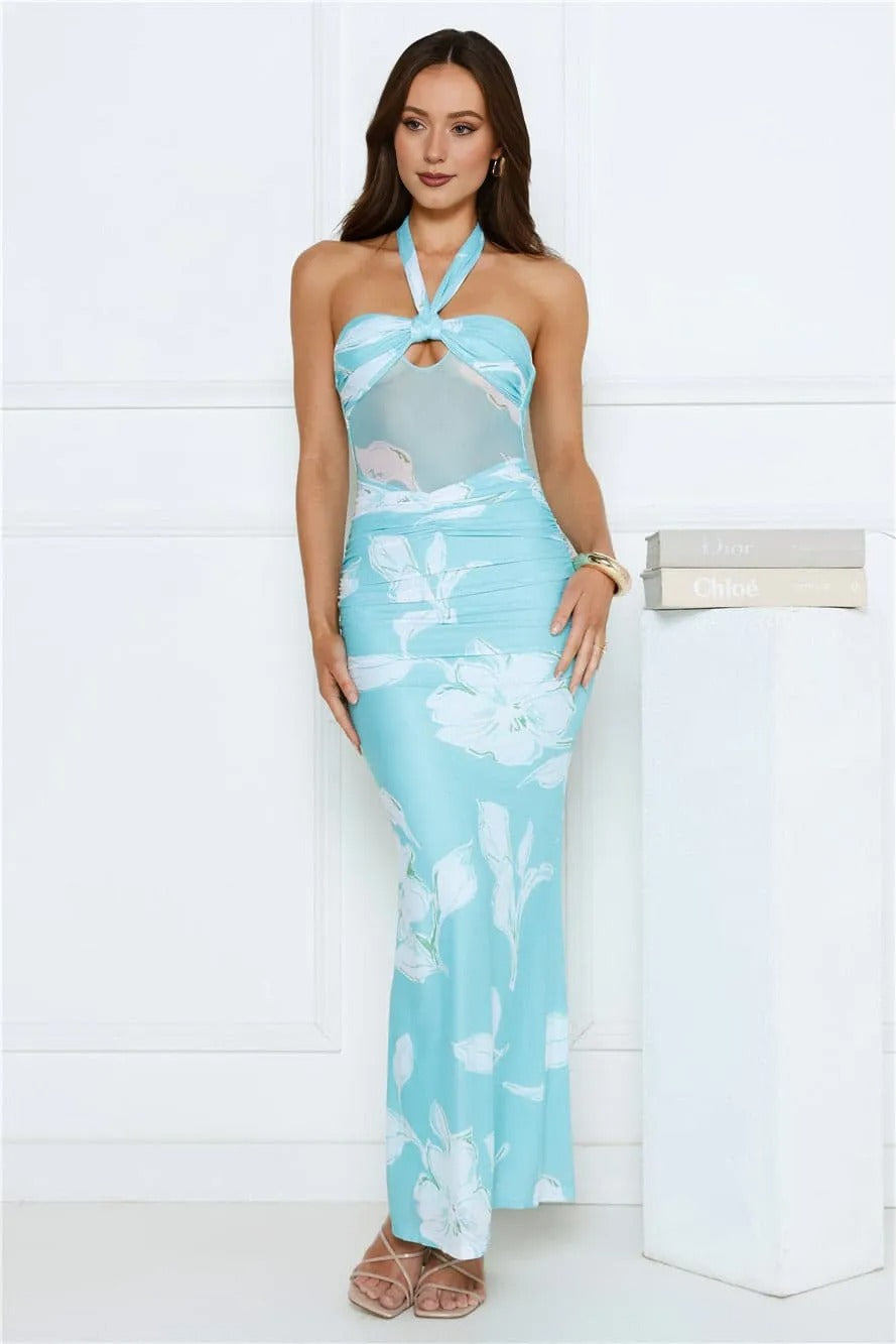 Women’s Strapless Maxi Dress – Blue Formal Evening Party Gown