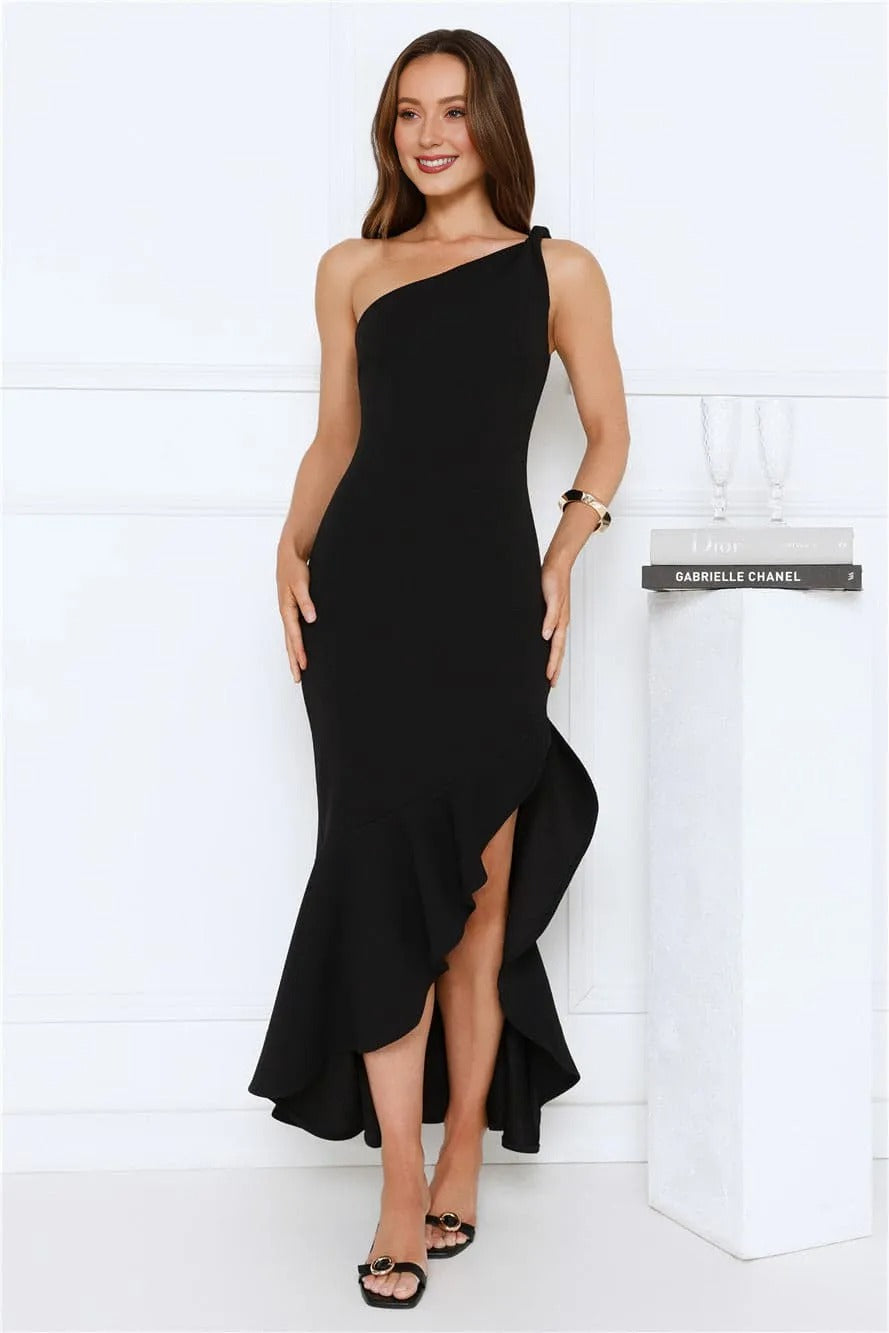 Women’s One Shoulder Maxi Dress Elegant Fit Satin Evening Black