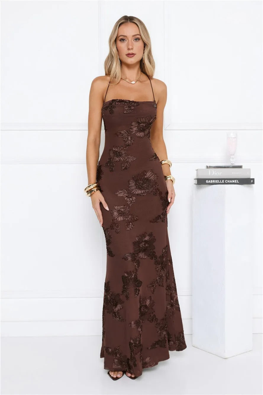 Women’s Chocolate Maxi Evening Dress – Elegant Sleeveless Formal Gown