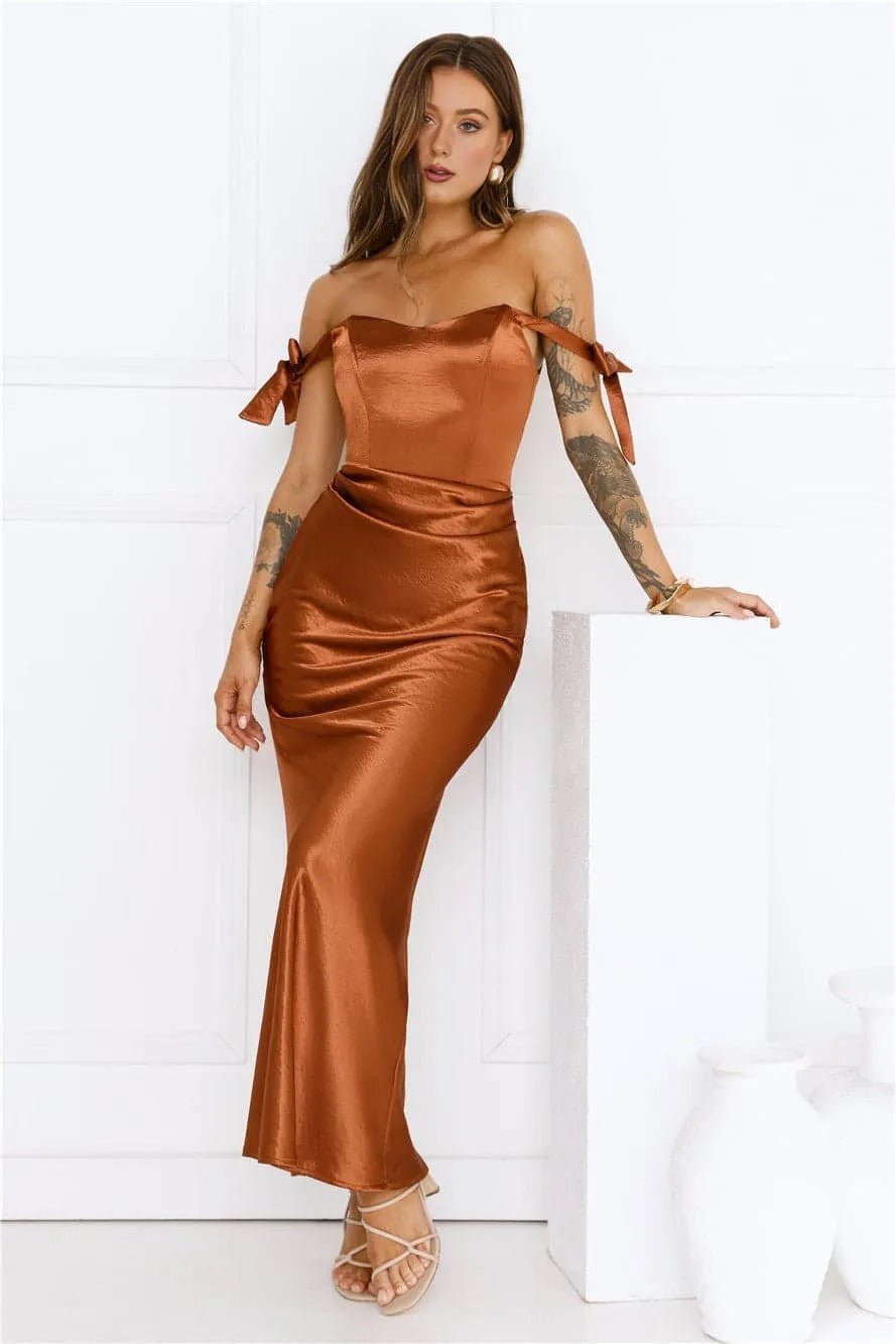 Women’s Satin Maxi Dress Elegant Fit Evening Brown