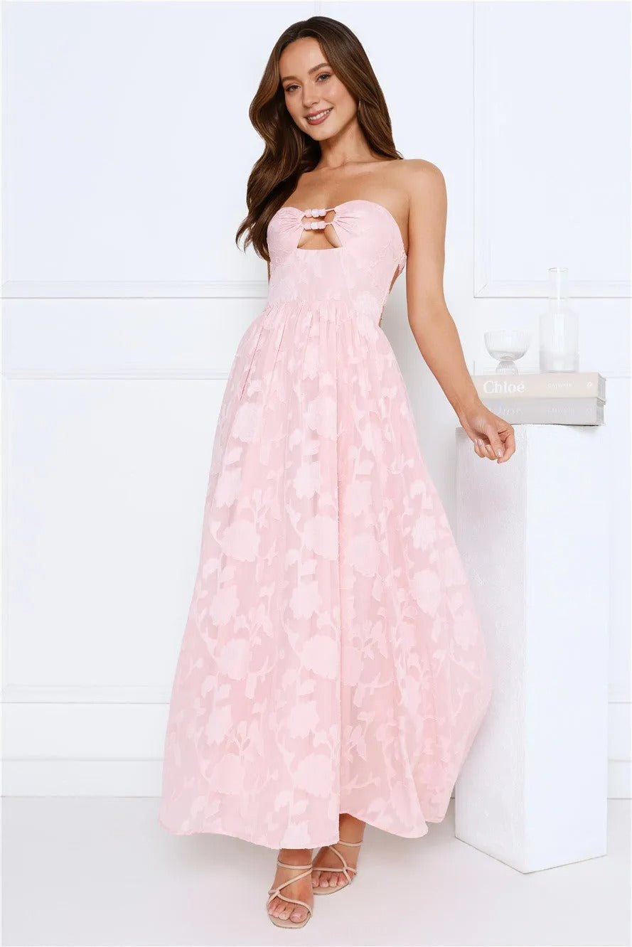 Women’s Strapless Maxi Dress – Pink Formal Evening Party Gown