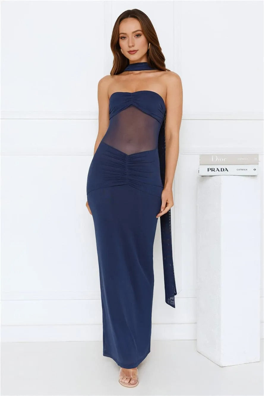 Women’s Strapless Maxi Dress Mesh Elegant Evening Navy