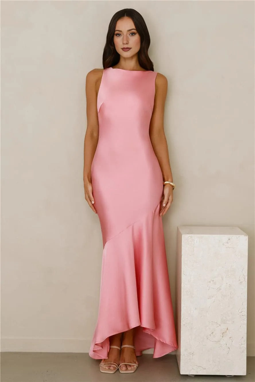 Women’s Satin Maxi Dress – Pink Formal Evening Party Gown