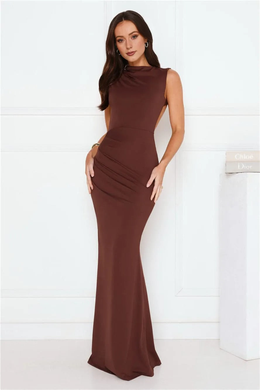 Women’s Maxi Dress Elegant Fit Satin Evening Brown