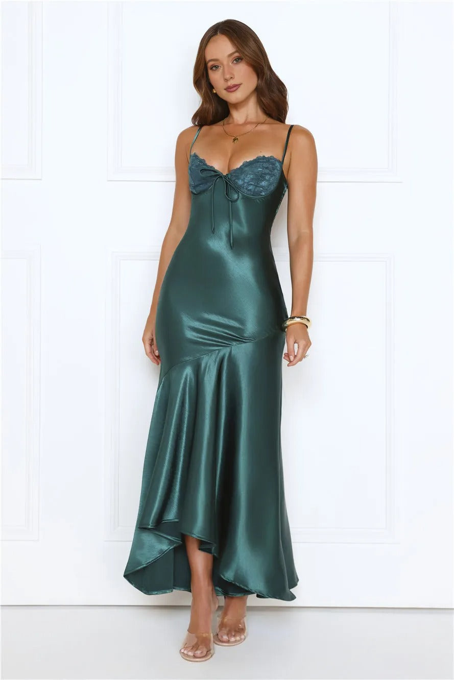 Women’s Teal Satin Maxi Evening Dress – Elegant Formal Gown