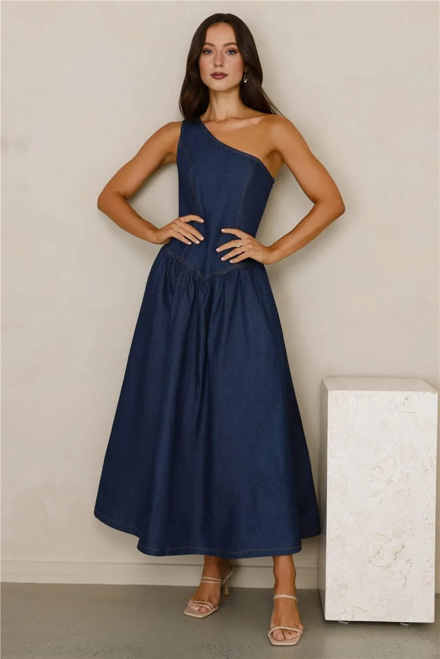 Women’s One Shoulder Maxi Dress Elegant Fit Satin Evening Denim